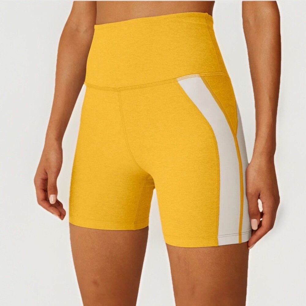 Beyond Yoga Yellow High-Waist Athletic Bike Shorts with White Side Panel